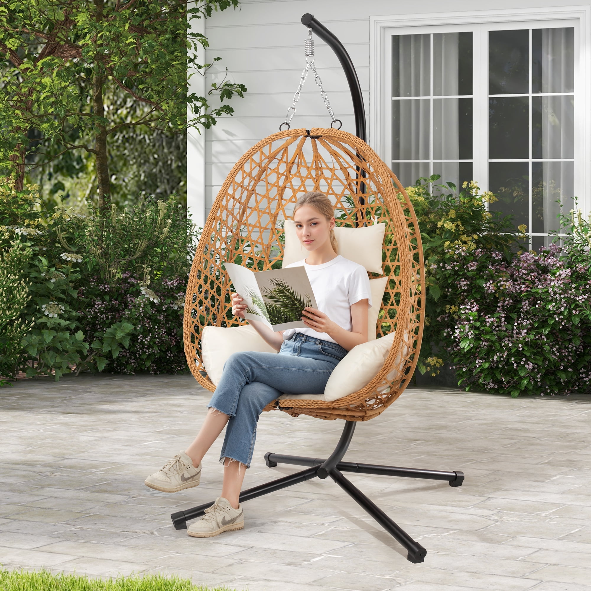 Egg Chair with Stand, Patio Wicker LHBcraft Hanging Chair, Hammock Swing Chair, 350LBS Capacity for Bedroom, Balcony, Garden