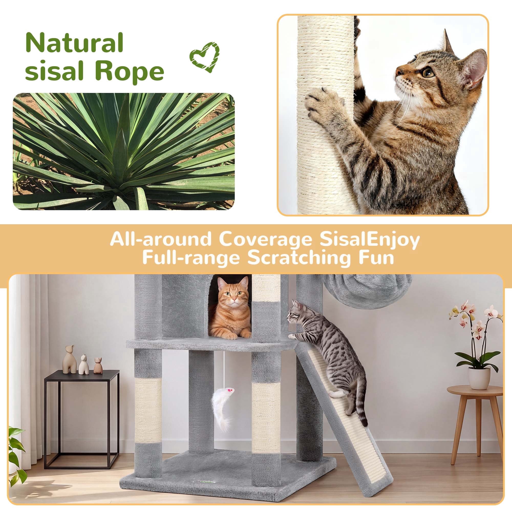Globlazer 80in Heavy Duty Cat Tree for Large Cats, Multi-Level Cat Furniture Activity Center with 2 Condos, 2 Hammocks, 3 Perches & Sisal Scratching Posts，Light Grey