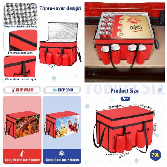 3XL Insulated Food Delivery Bag with 4 Cup Holder - 23x15x14in Large Warm/Cooler Bag for Pizza, Beverages, Grocery & Takeout - Zippered Top, Leakproof Design for Catering & Food Transport