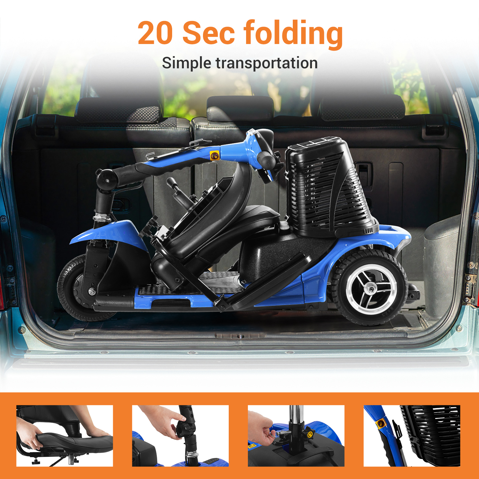 TEKAMON 3 Wheels Folding Powered Mobility Scooter for Senior/Adult Compact Electric Wheelchair for Travel, W/ Long Range Battery and Charger, Blue