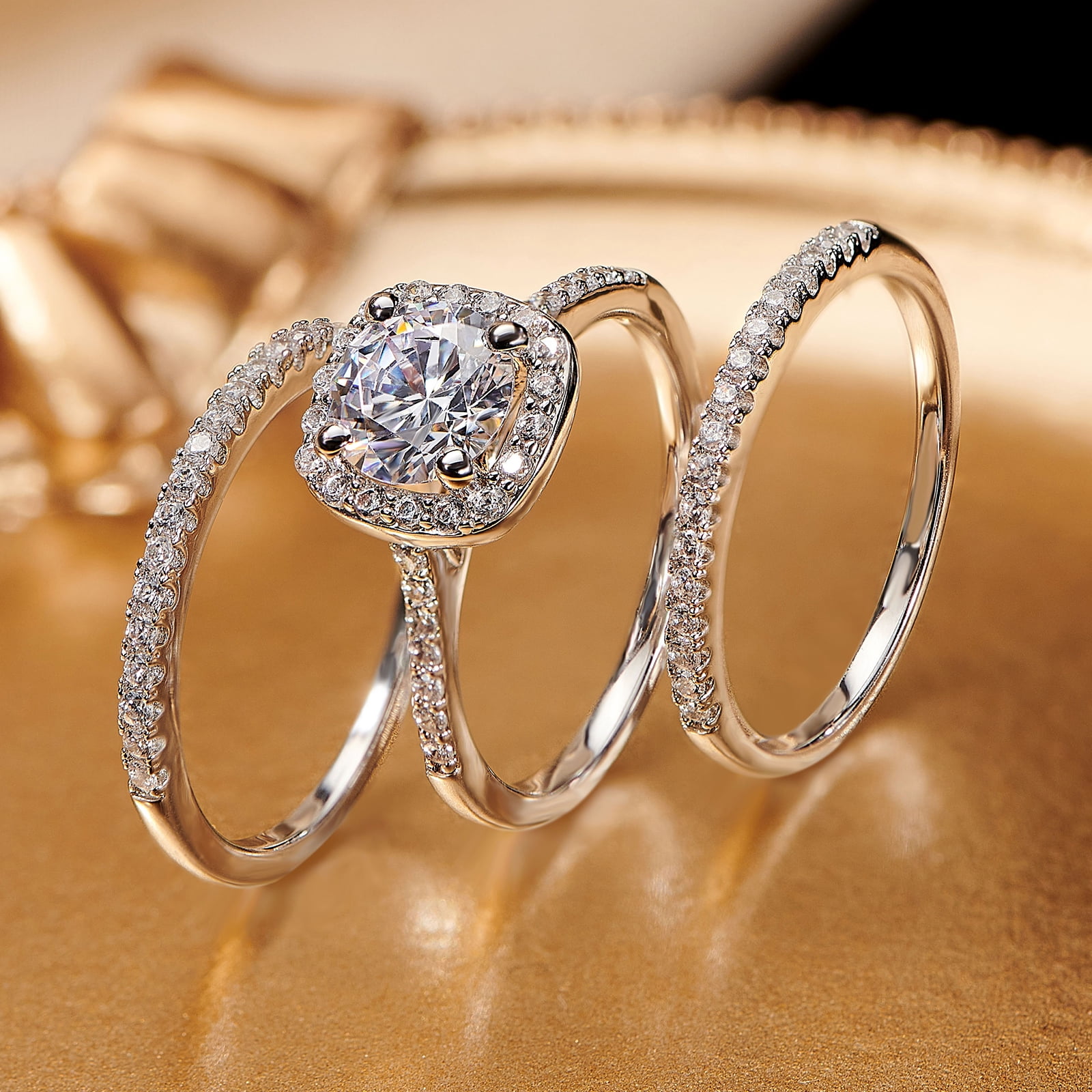 Newshe Jewellery 2Ct Halo Wedding Ring Set For Woman Engagement Rings Round AAAAA Cz 3pcs Size 5