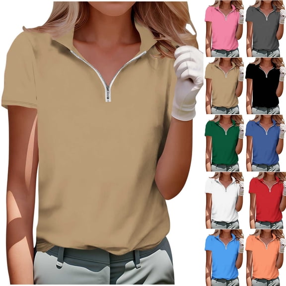 Kinrui Women's Short Sleeve T-Shirts Summer Elegant V Neck Zipper Collared Golf Tops Slim Fitted Dressy Blouses Blue 2XL