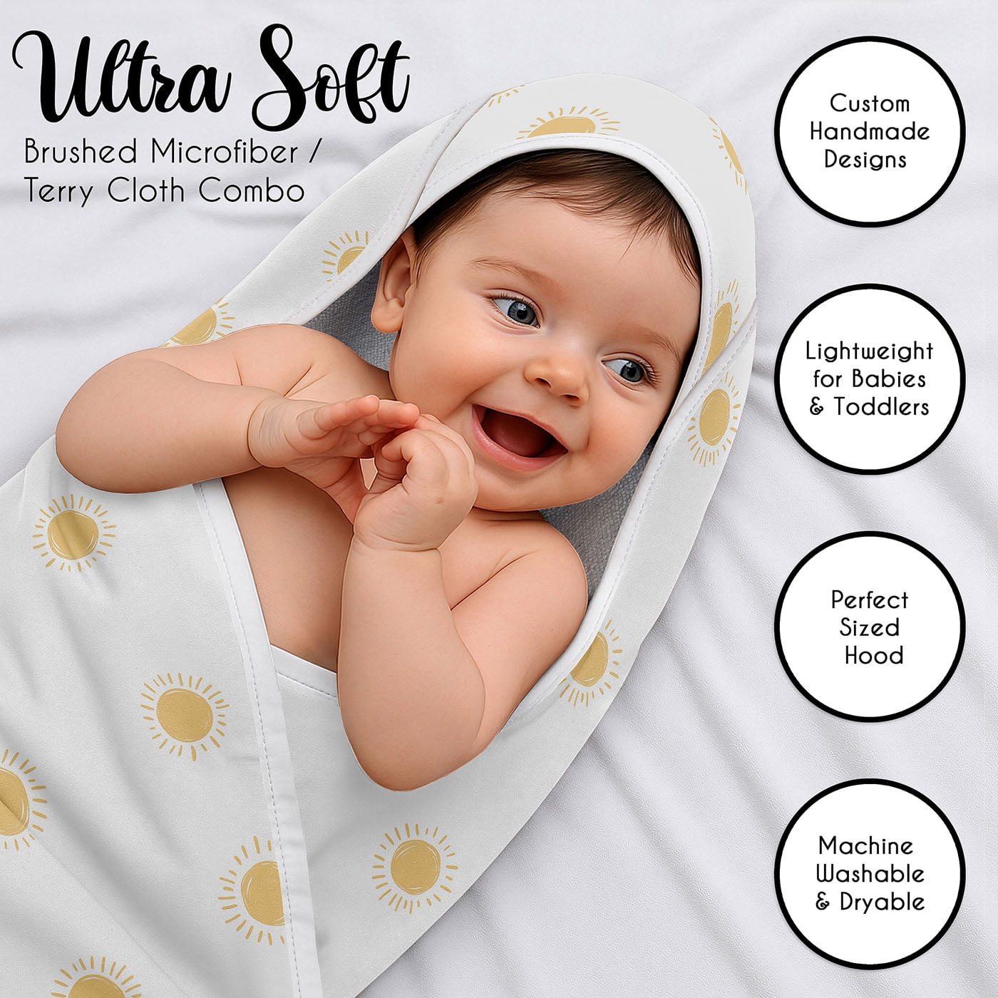 Sweet Jojo Designs Boho Sun White and Mustard Boy, Girl, Unisex/Gender Neutral Hooded Baby Towels - Toddler Bath Towel
