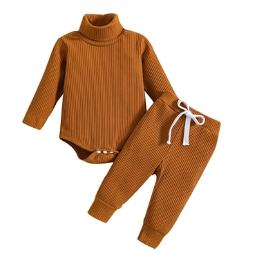 Tenues Deux Pièces pour Filles Tout-Petits Enfants Garçons Filles Mode Mignon Couleur Unie Manches Longues Haut à Col Montant Barboteuse Pantalon Complet Nouveau Ensembles Assortis Décontractés Café 3 Mois