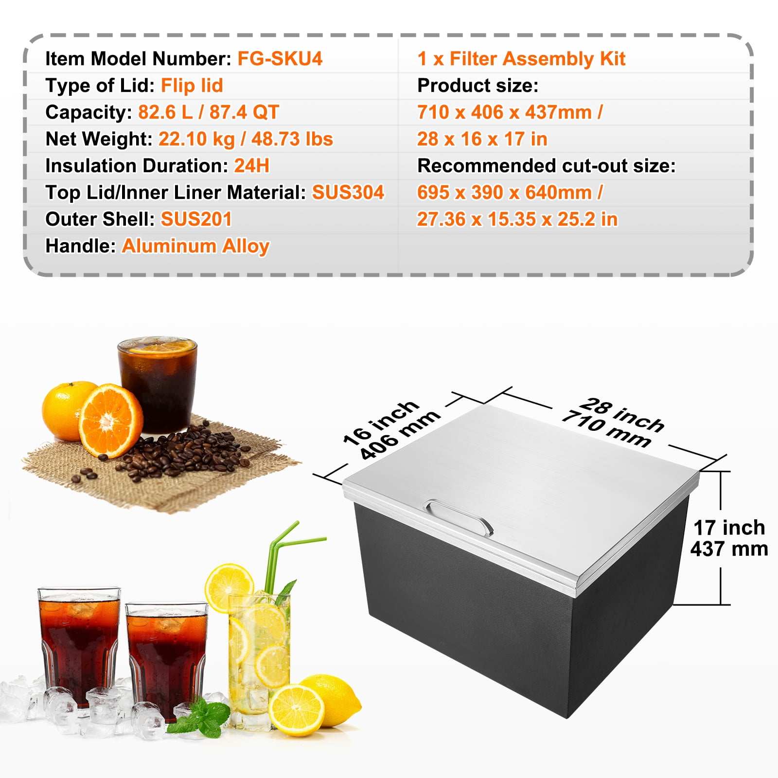 VEVOR Drop in Ice Bin Chest 28x18 inch Drop in Cooler Stainless Steel Outdoor Drop in Ice Chest with Cover Bar Ice Bin 87.2 QT Drop in Wine Drops Drain-pipe and Drain Plug Included for Cold Wine Beer