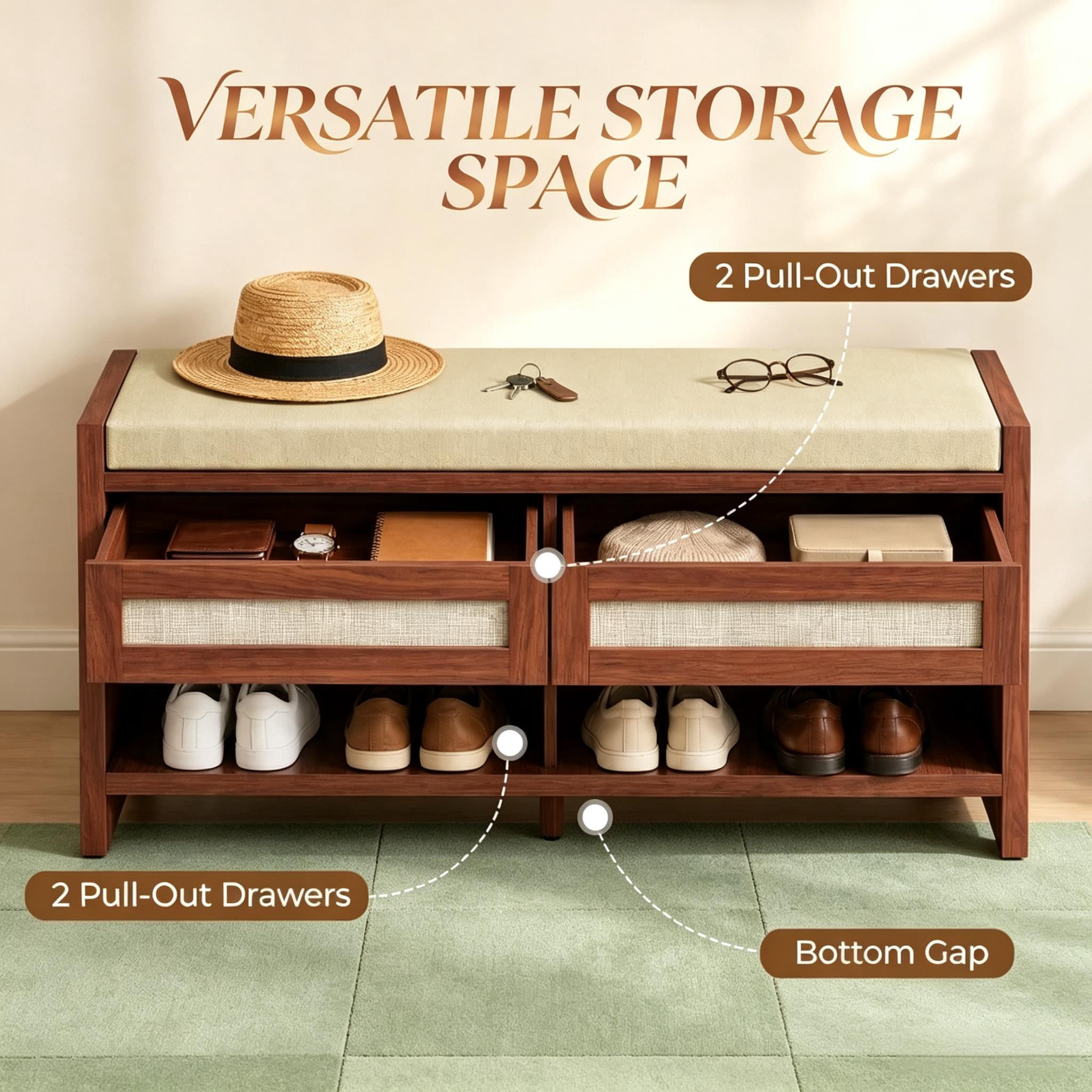 Shoe Bench with Cushioned Seat, 2 Rattan Drawers and Open Storage Shelf
