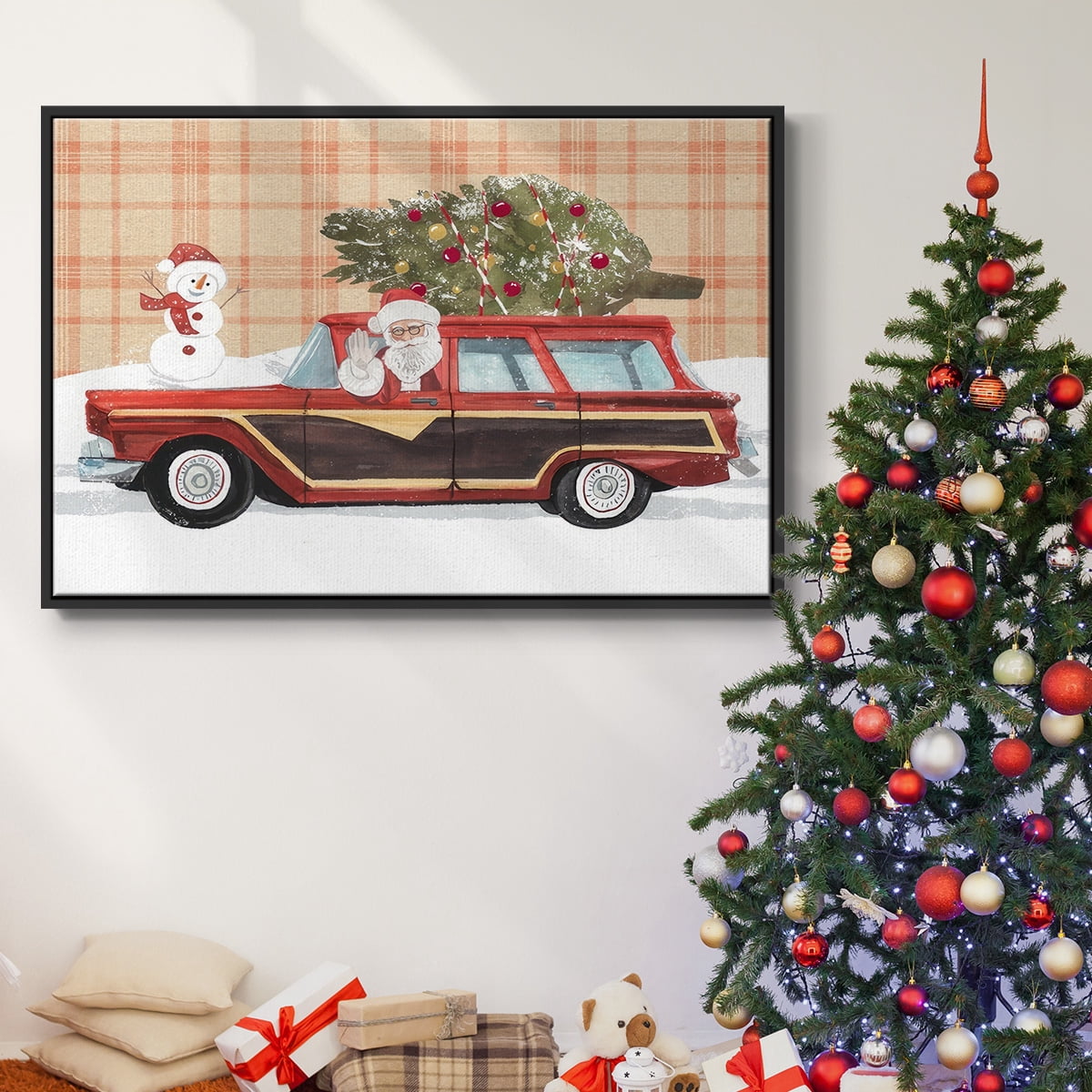 Santa on Wheels I - Framed Gallery Wrapped Holiday Canvas - 17 x 25 - Black Frame