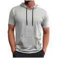 thumbnail image 1 of Blusa de Manga Corta Color Sólido con Capucha Cordón, Deportes de Bolsillo de los Hombres Poliéster Casual Superior, 1 of 5