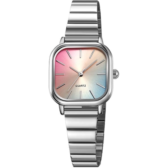 Womens Ladies' Ultra Thin Watch with Rainbow Gradient Dial -Tone Square Case and Bracelet Quartz Movement