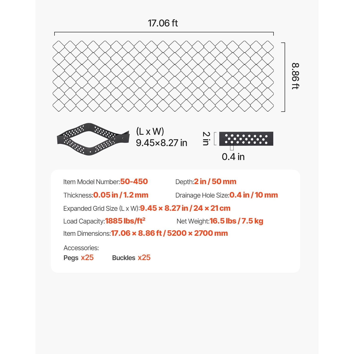 KFFKFF 2-Inch Deep Gravel Grid, 17.06 x 8.86 FT / 5200 x 2700 mm, Supports 1880 LBS Per Sq ft, Permeable Ground Stabilizer for Driveways, Gardens, Patios, Walkways, and RV Parking