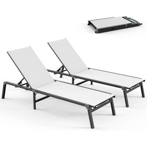 Pool Lounge Chairs Set of 2, Foldable Aluminum Chaise Lounge Outdoor with 5 Positions Recliner - Free Assembly - Patio Chaise Lounge Chair for Poolside, Beach, Yard (White, 2 Pack)