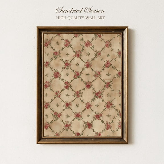 Vintage Floral Trellis Wall Art Print, Red Rose And Vine Pattern Poster, Shabby Chic Cottagecore Decor For Bedroom, Kitchen Or Entryway UNFRAMED Poster, Wall Art for Decor, Present, 8x12