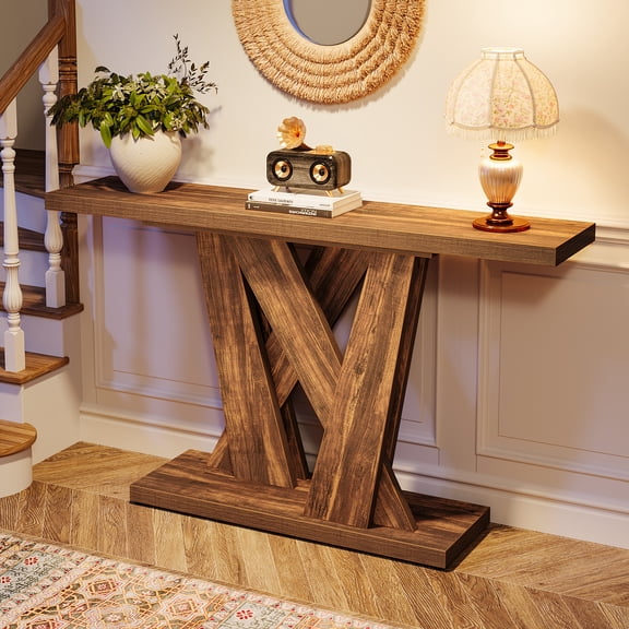 Finmind 55-inch Console Table, Farmhouse Entryway Table with Geometric Base, Sofa Console for Entrance, Living Room, Hallway, Foyer, Rustic Brown