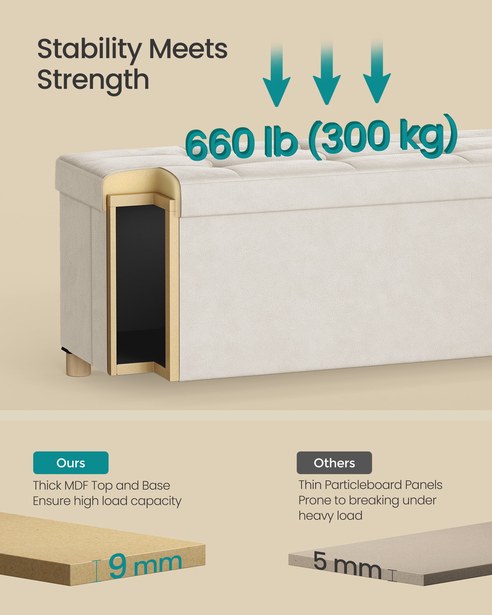 SONGMICS 30" Storage Ottoman Bench, Ottoman with Storage, 29 Gal Foot Rest Stool for Bedroom Living Room, Cappuccino Beige