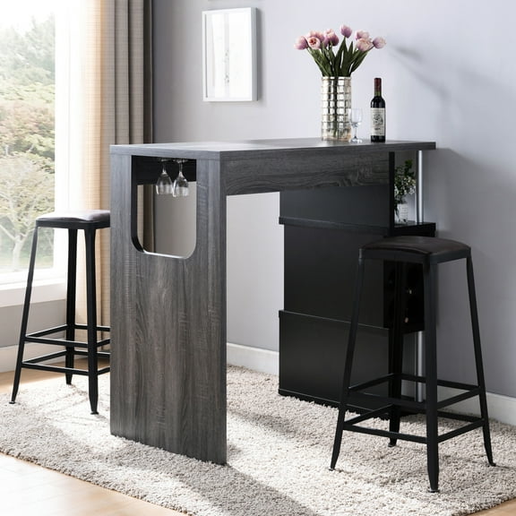 Two Bar Table With Spacious Shelves And Wine Glass Compartment, Grey & Black Home Storage Three Solid Shelves,