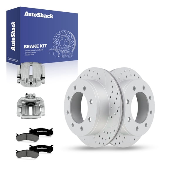 AutoShack Rear Vented Drilled & Slotted Coated Brake Rotors Silver Matte Finish   Premium Ceramic Pads   Calipers 8-PC Brake Kit Replacement for 2006 GMC Sierra 1500 TurboGuard 12.99" (330 mm)