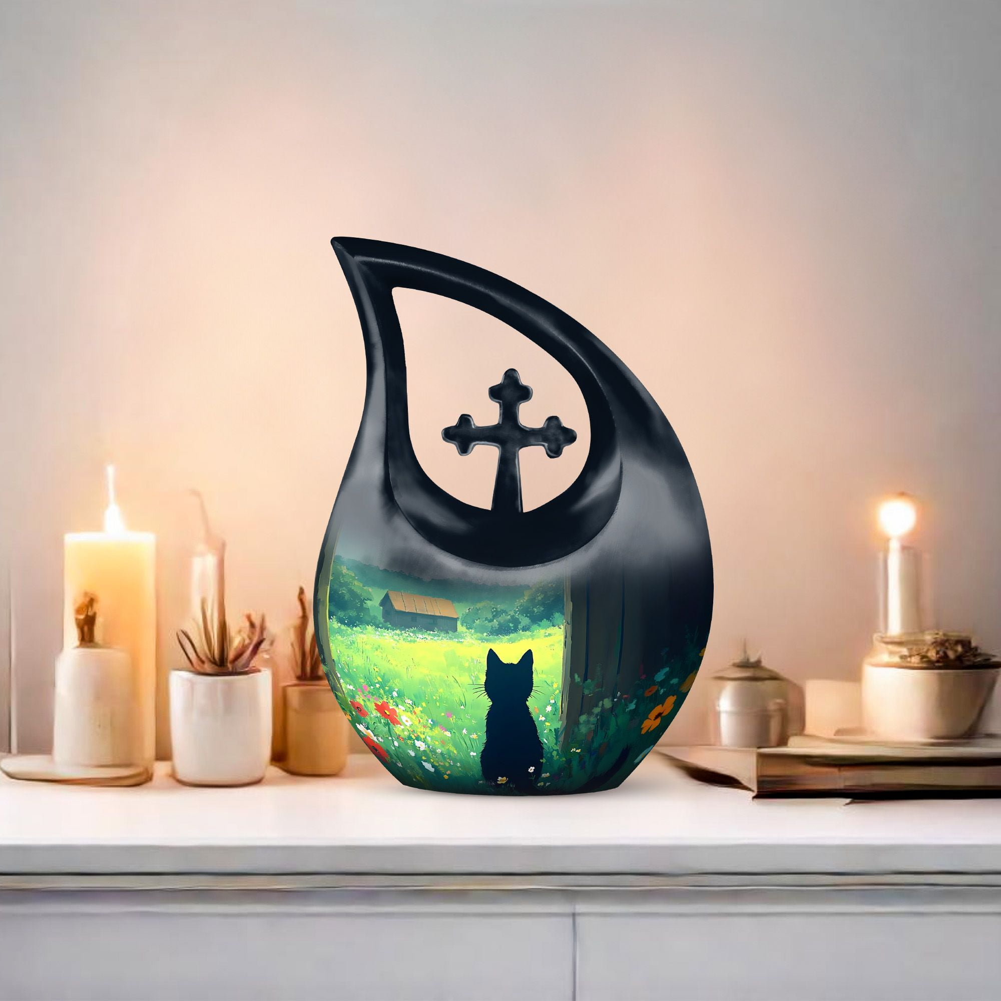 MUKTIVE Black Cat Large Urns for Human Ashes Remains - Flowers Memorial Cross Drop Adult Urns for Human Ashes Men and Women with Velvet Bag - Memorial Gifts for Loss of Mom, 10 Inch