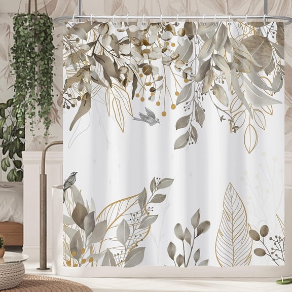 Beige Leaves Shower Curtain, Beige Weeping Branches Leaves Tree Plants Floral Birds Bathroom Curtain, Spring Natural Botanical Shower Curtain Set with 12 Hooks for Bathroom, 72Wx72L
