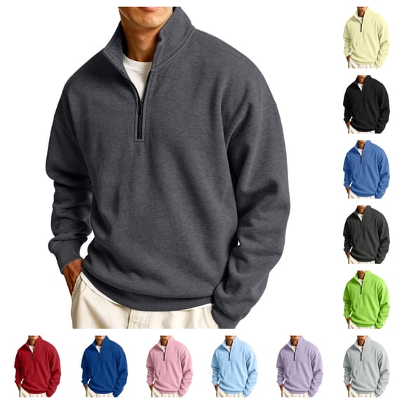 Urbanix Mens Pullover Quarter Zip Causal Relaxed Fit Long Sleeve Mock Neck Sweatshirt Fashion Breathable Warm Solid Color Fall Winter Clothing Gray L