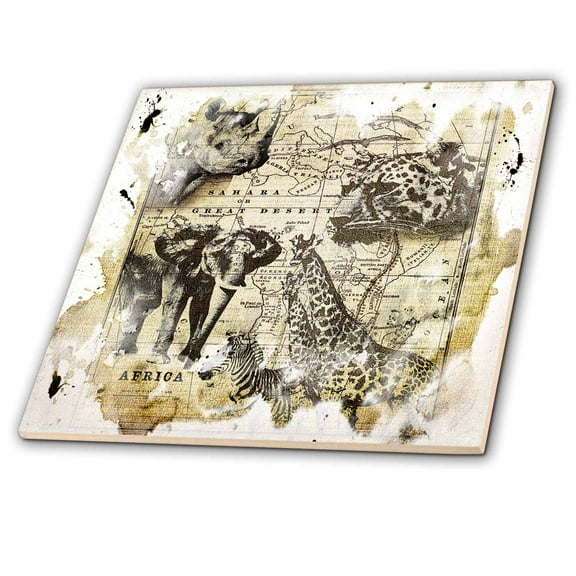 3dRose, Wildlife vintage Africa map with rhino, elephant, cheetah, zebra, giraffe , 12 Inch Ceramic Tile