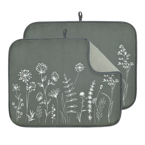 Sunlit XL 24" x 18" Dish Drying Mat Set of 2 for Kitchen Counter, Reversible Absorbent Microfiber Dish Drainer/Rack Pads with Hanging Loop, Gray White Daisy Herbs Leaves