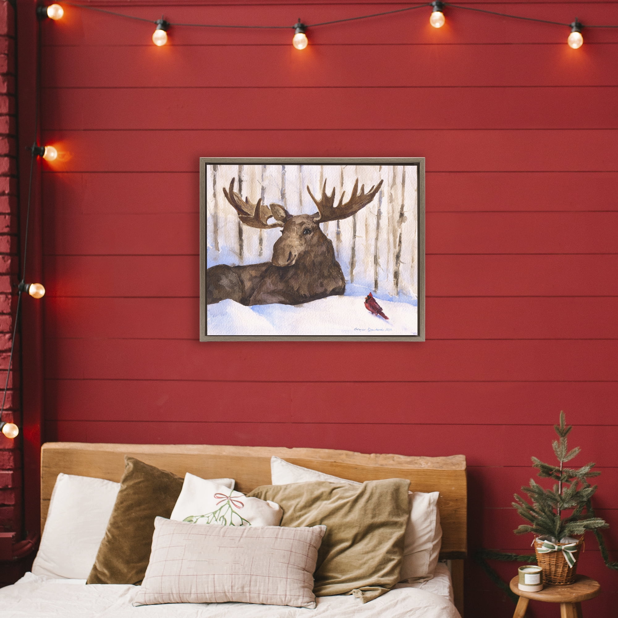 Stupell Industries Moose & Red Cardinal Brown Framed Floater Canvas Wall Art, design by George Dyachenko