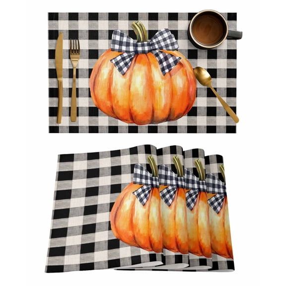 Thanksgiving Placemats Set of 12 Fall Orange Pumpkin Bow White Black Plaid Heat Insulation Washable Place Mats, Rustic Non-Slip Table Mats for Dining Table Party Kitchen Decor,13x19 Inch