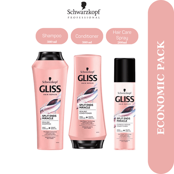 Schwarzkopf Gliss Split Hair Miracle 3 Economic Pack Shampoo , Conditioner , Hair Care Spray Set