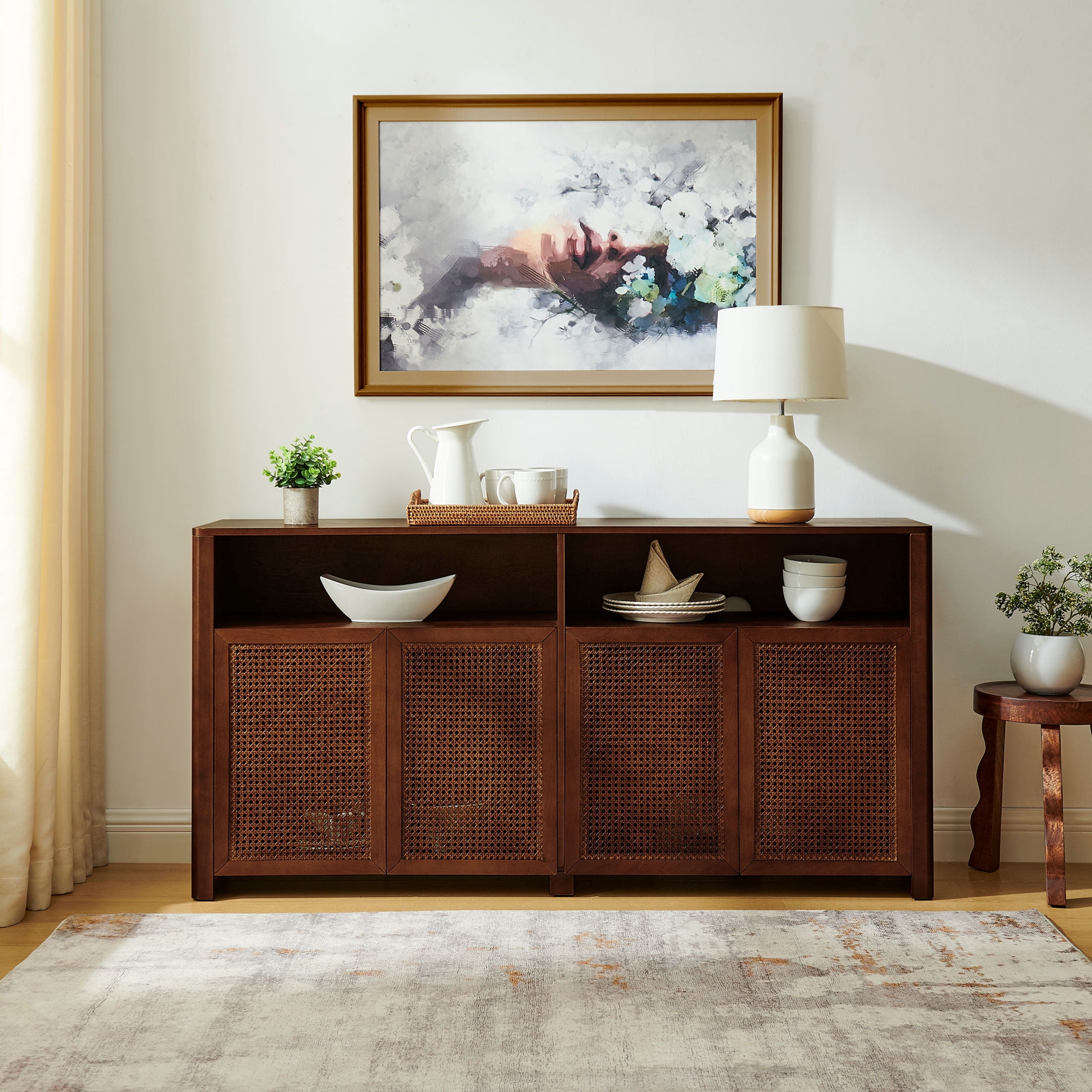 GDF Studio 63" Mid Century Modern Rattan Sideboard Buffet Cabinet with 4 Doors, Adjustable Shelves, Walnut