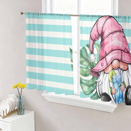 Pink Gnomes Summer Semi Sheer Curtains 45 Inch Length 2 Panels Set Tropical Leaves Aqua Stripes Sheer Kitchen Curtain Privacy Voile Window Curtain for Living Room Bedroom Rod Pocket Drapes