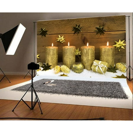 Image of Polyester Christmas Decoration Backdrop 7x5ft Photography Backdrop Candles Pine Cones Gifts Stars Wood Plank New Year Festival Celebration Children Baby Kids Photos Video Studio Props