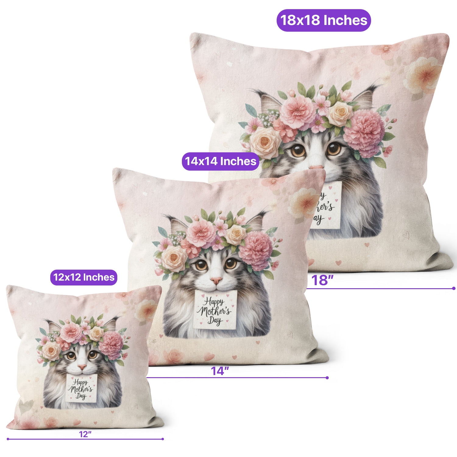 Happy Mother's Day Maine Coon with Flower Crown and Greeting Card Pillow Cushion Double Sided Cat Lover Kitten Owner Gifts Throw Pillow - 13004