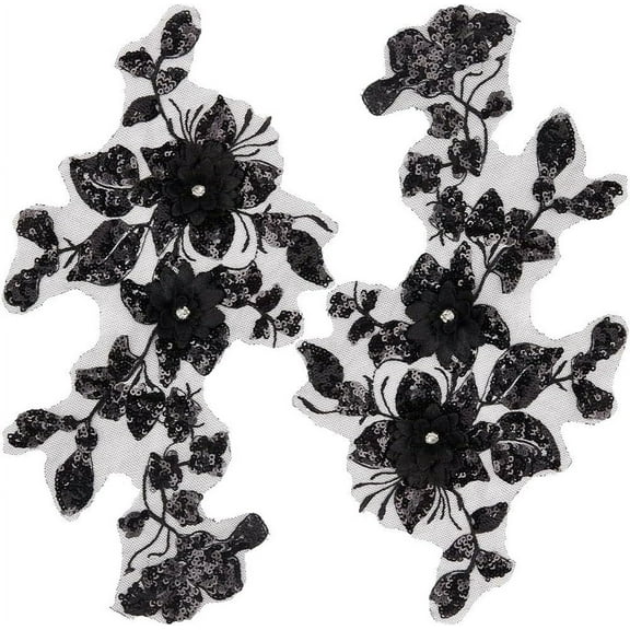 2Pcs 3D Flowers Embroidered Lace Applique Sew on Trim Patches Glitter Sequins Beaded Floral Collar Fabric Craft Decoration Patch for Sewing Wedding Clothes Dress Pants Jeans Bag Black for diy