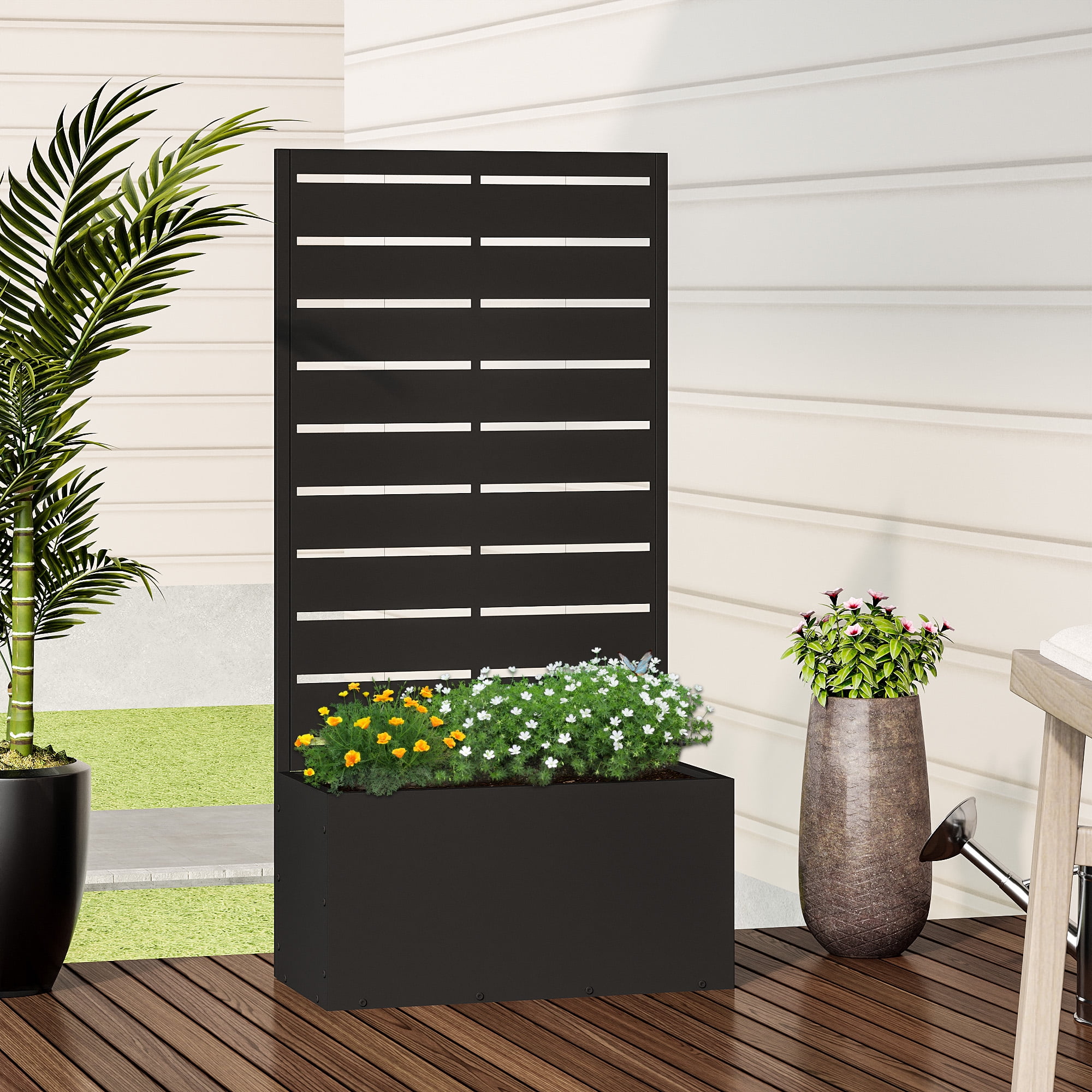 MAYEERTY 47.2"×23.6"×11.8" Black Iron Planter Box with Trellis - Louvered Classic Design, Ideal for Climbing Vines