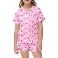 thumbnail image 4 of ZHOGXU Big Kids Girls Pajama Sets Short Sleeve Lapel Cute Cherry And Heart Print Top And Shorts Satin Sleepwear Comfortable Two Piece Outfits For Daily Wear Pink 10-11 Years, 4 of 5
