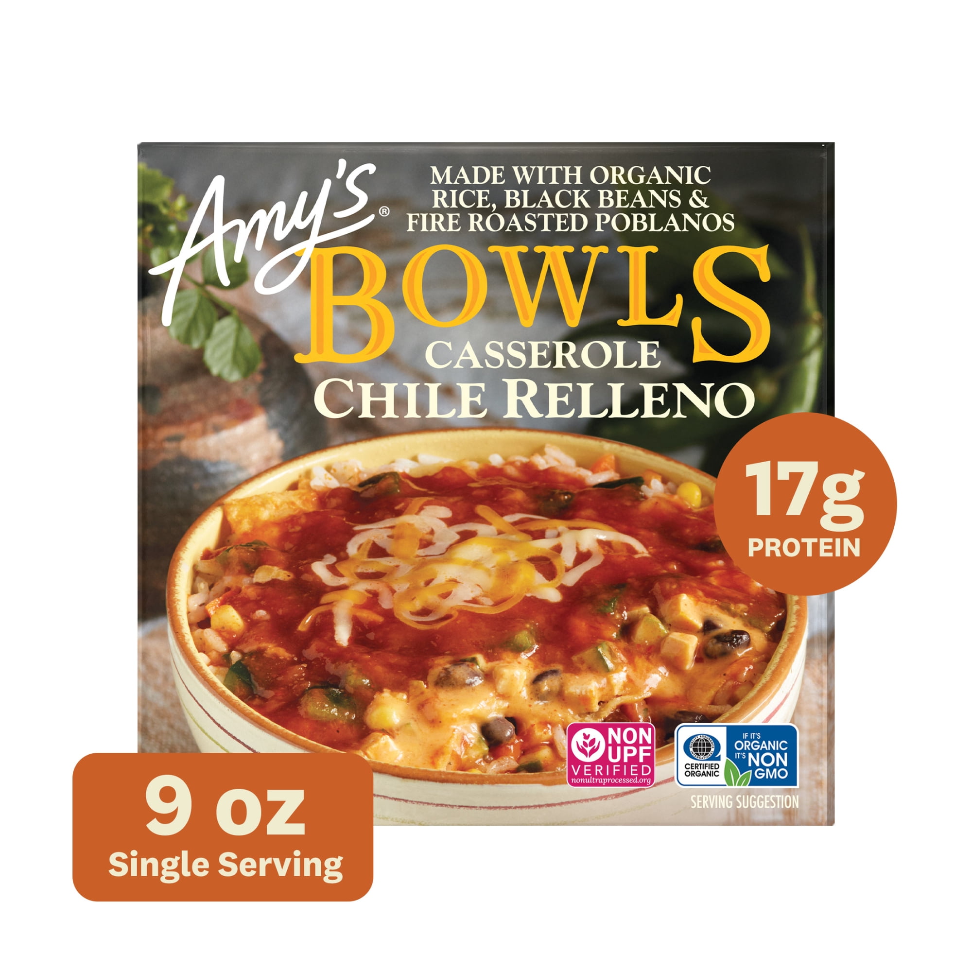 Amy's Frozen Meals, Chile Relleno Casserole Bowl, Microwave Meals, 9 oz