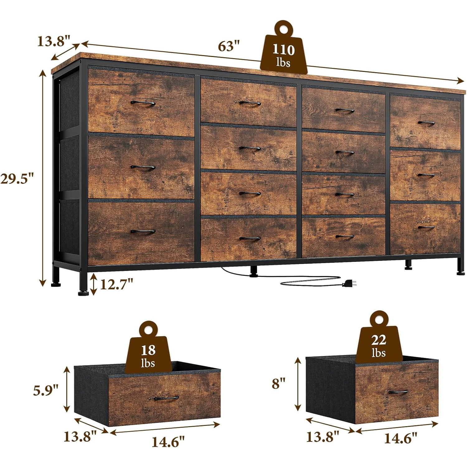 M optimized 63" Dresser for Bedroom, TV Stand for 65 70 75 inch TVs, 14 Drawer Dresser with Power Outlets, Large Long Fabric Dresser Entertainment Center