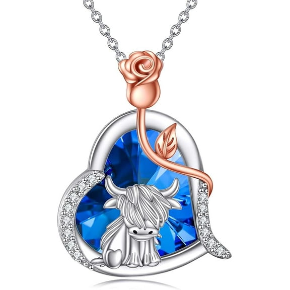 DOLIOX Highland Cow Necklace Sterling Silver Rose Heart Pendant Necklace Cow Gifts for Women
