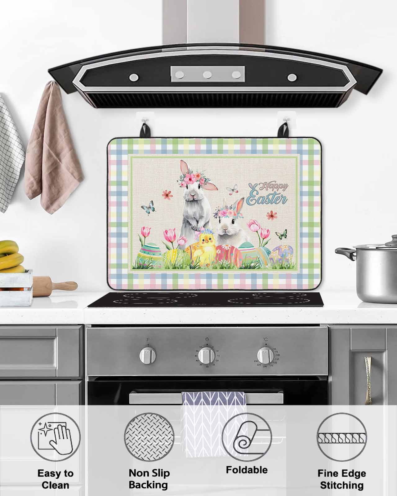 Large Induction Cooktop Protector Mat Bunny Easter Stove Top Covers for Electric Stove, Spring Floral Eggs Animals Rustic Decorative Stove Burner Cover Mats, Glass Top Stove Cover