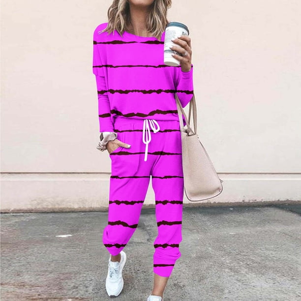 Puntoco Traje Casual Con Cordón Y Cuello Redondo De Manga Larga Con Estampado Suelto A La Moda Para Mujer Púrpura S
