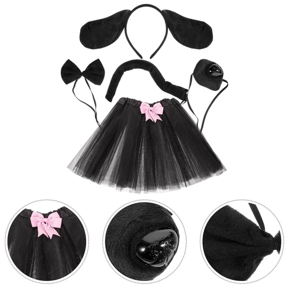 Minkissy 1Set Reusable Black Animal Dog Ear Headband Tail Bowtie and Tutu Skirt Costume Accessories