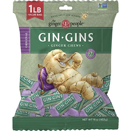 GIN GINS Original Chewy Ginger Candy by The Ginger People - Anti-Nausea and Digestion Aid  Individually Wrapped Healthy Candy - Original Ginger Flavor  Large 1 lb Bag (16 oz)