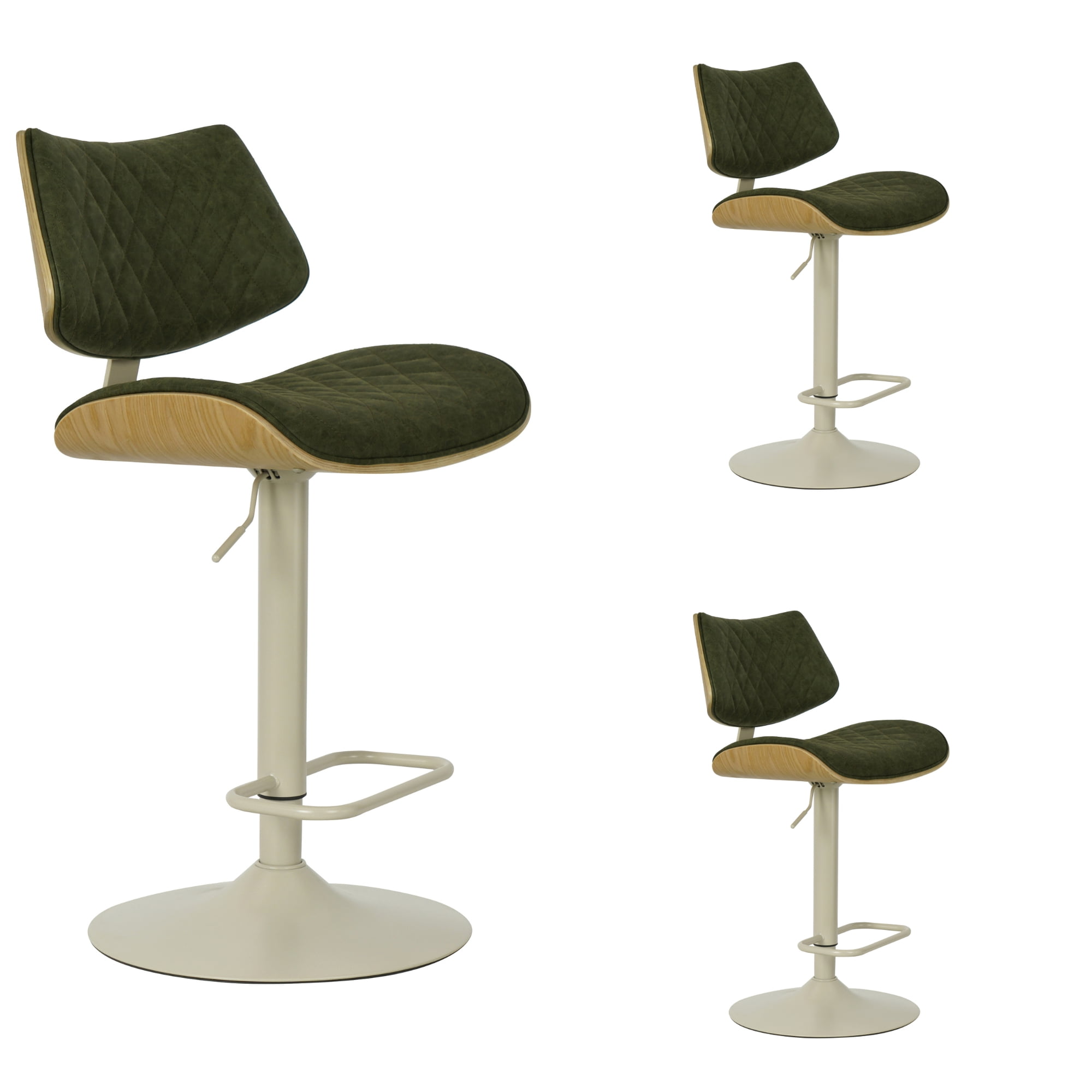 Leland Adjustable Swivel Vintage Green Curved Back Wood Bar Stool with Faux Leather Seat Set of 3