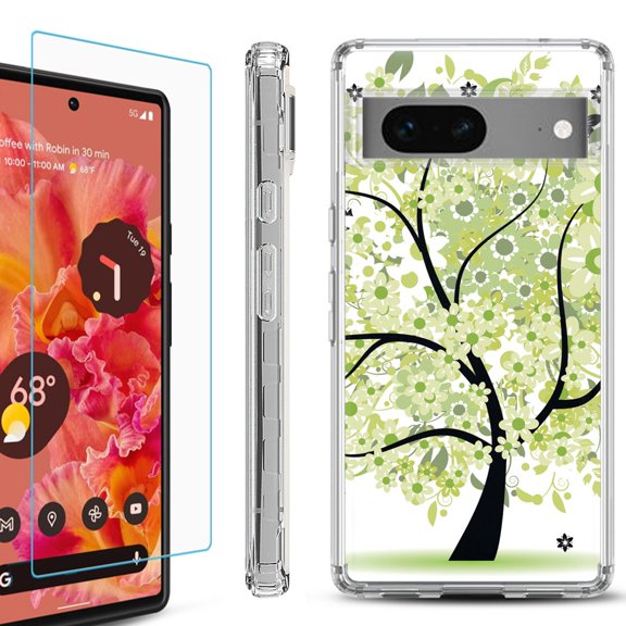 Shockproof Bumper Phone Case for Google Pixel 7, with Tempered Glass Screen Protector, by OneToughShield ® - Green Tree