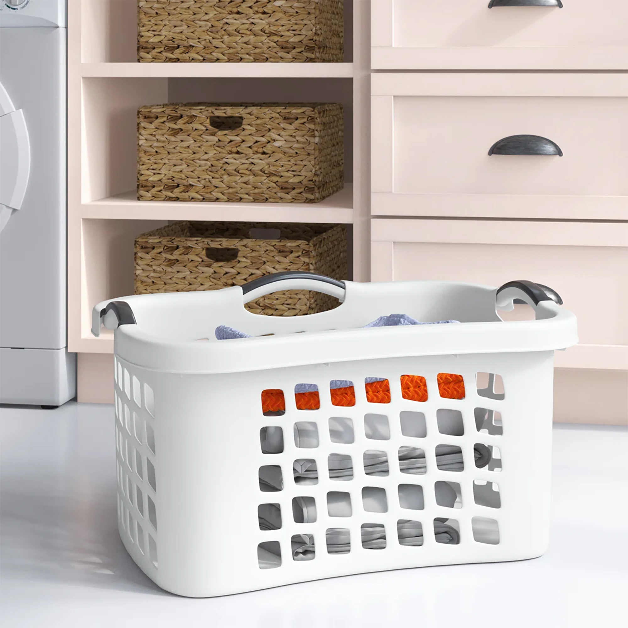 Redmon Comfort Grip Clothes Basket, Plastic Laundry Storage with 3 Side Handles, White