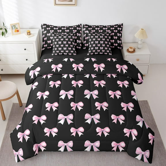 Erosebridal Girly Pink Ribbon Bed in a Bag Twin size, Love Heart Bedding Twin Size, Princess Style Reversible Comforter Sets with Sheets, Microfiber Bedroom Decoration, 7pcs