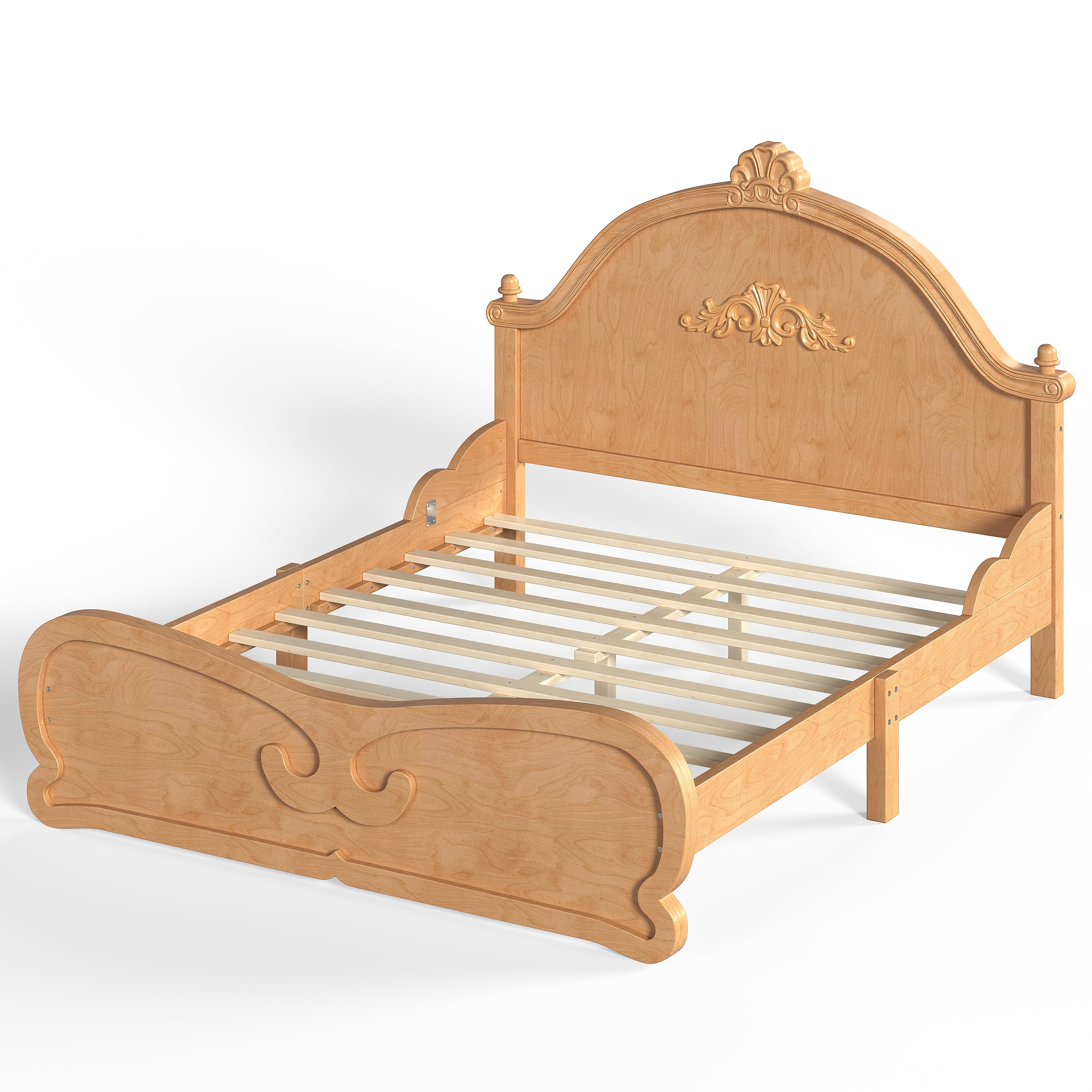 GARITIN Full Vintage Carved Platform Bed with Headboard, Solid Wood Bed Frame with Slatted Support, Low Profile Platform Bed, No Box Spring Needed, Natural