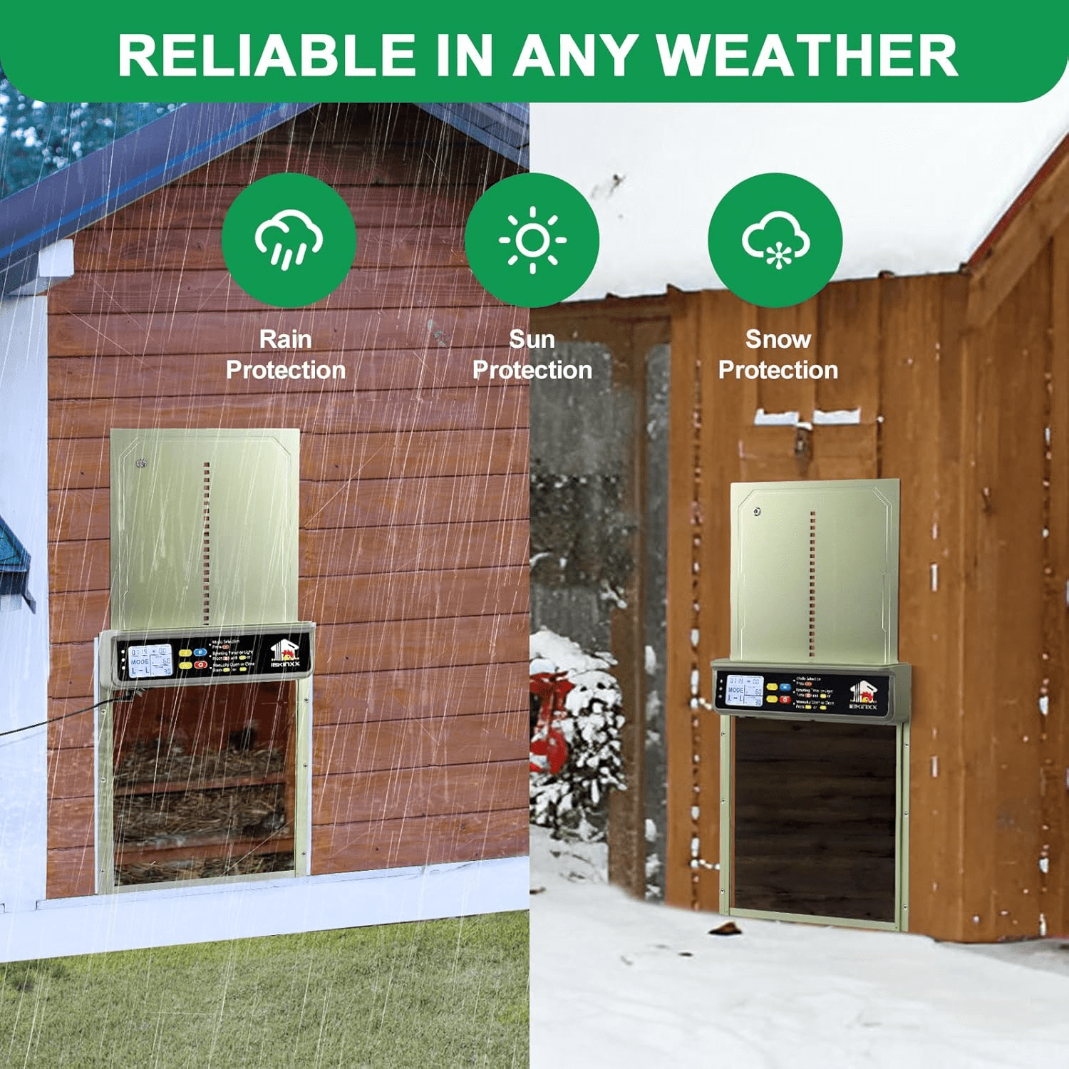 Automatic Chicken Coop Door Solar Powered with Timer, Light Sensor, Remote Control, LCD Display, Aluminum Alloy 4 Auto Modes Wide Chicken House Door, Anti-Pinch, Weatherproof, USB Backup, Green