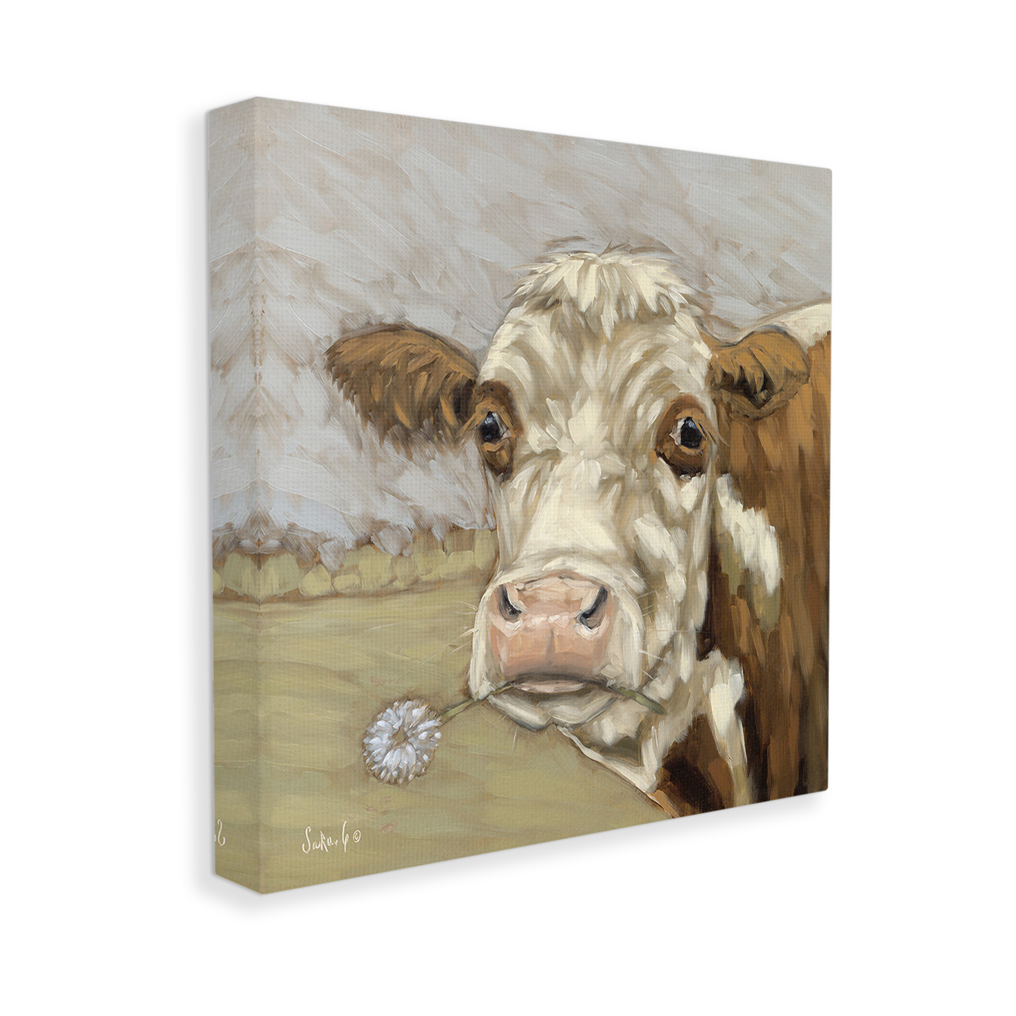 Stupell Industries Cattle with Dandelion Sprig Animals & Insects Painting Gallery Wrapped Canvas Art Print Wall Art, 17 x 17