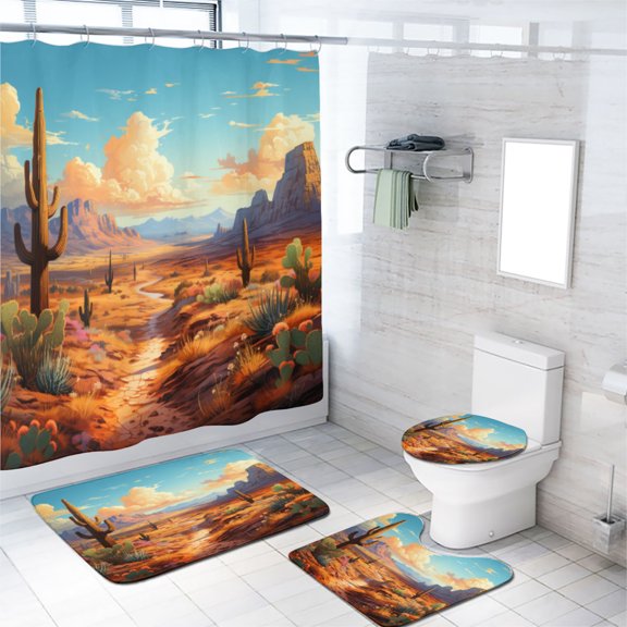 Cactus Shower Curtain Sets with Non-Slip Rug Desert Sunset Mid Century Retro Nature Landscape Bathroom Decor Set with Accessories, Waterproof Shower Curtain for Bathtub Decor, 72x72 Inch